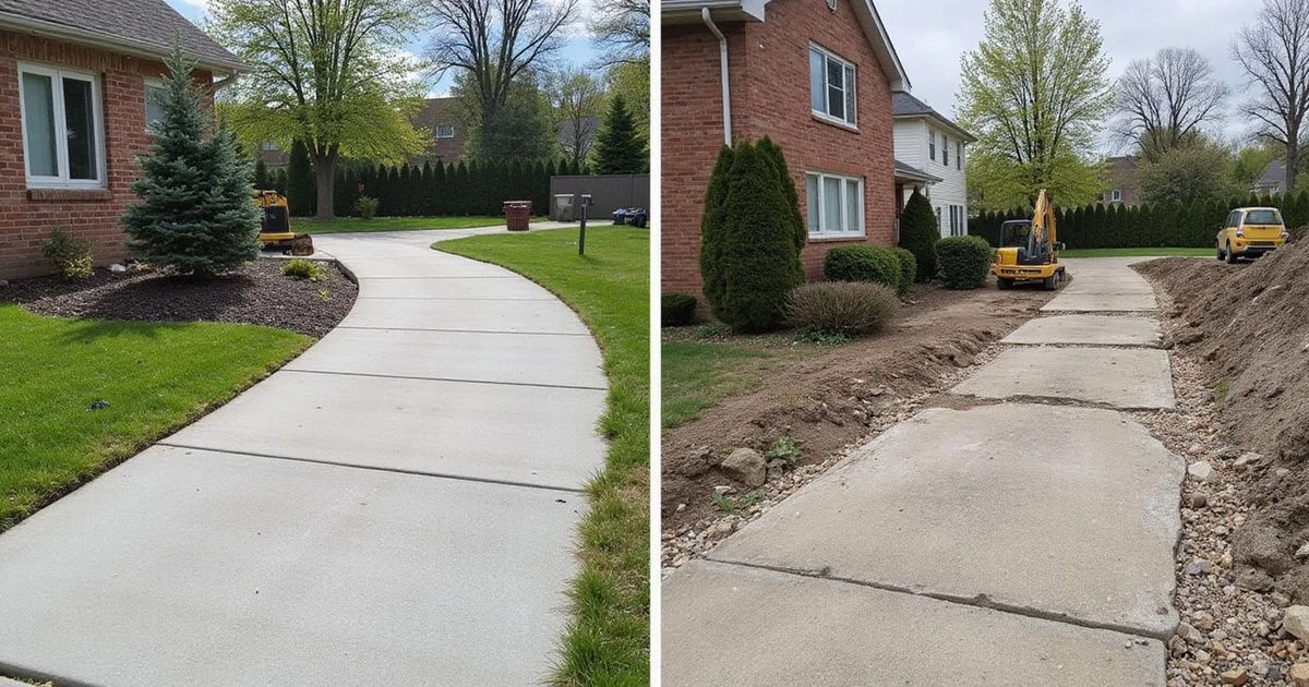 Side-by-side: Metro Detroit driveway lifted vs. mid tear-out replacement