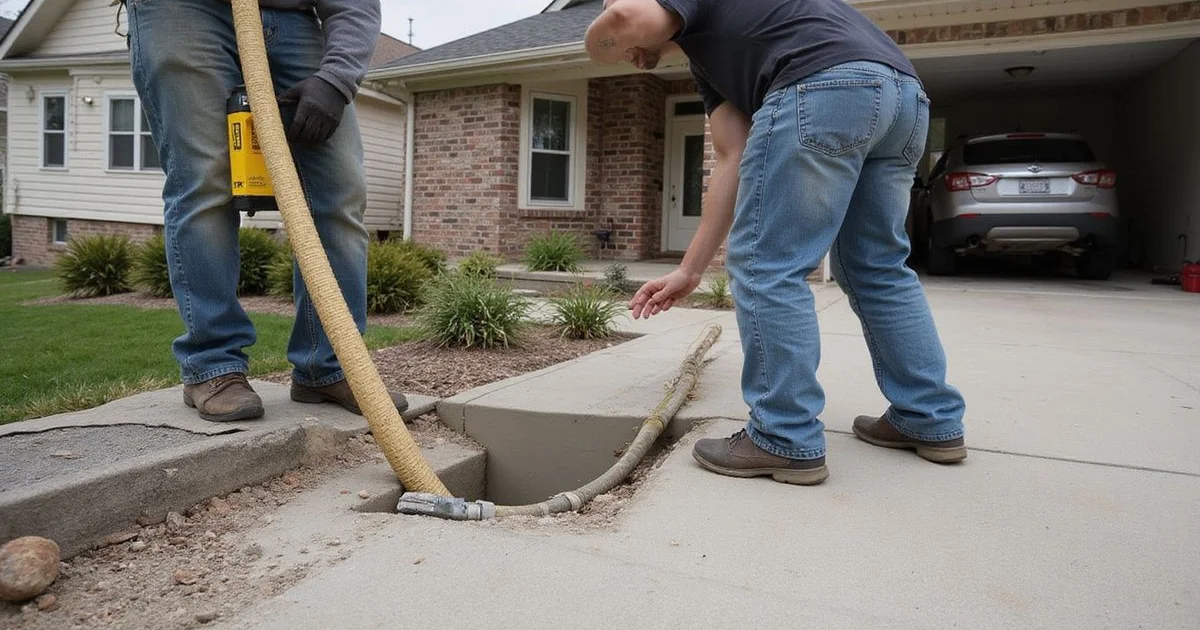 Crew filling a sub-slab void with limestone-foam mix