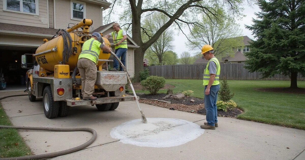 Crew pumping limestone-foam mix through slab-jacking pump