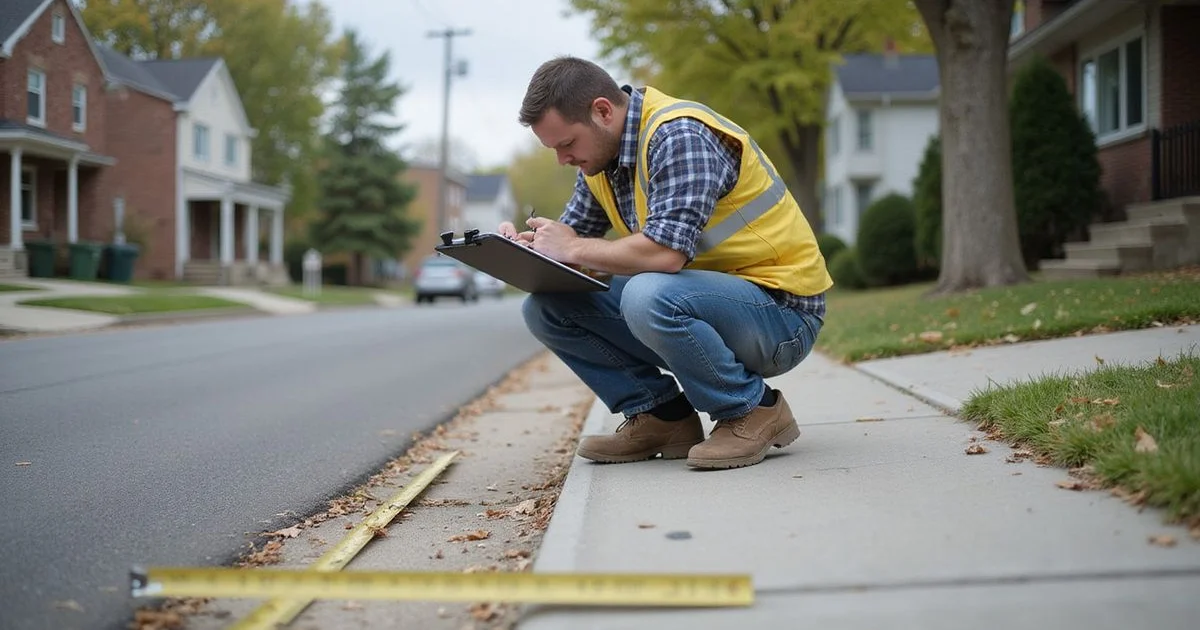 Estimator measuring a sidewalk slab during a free assessment