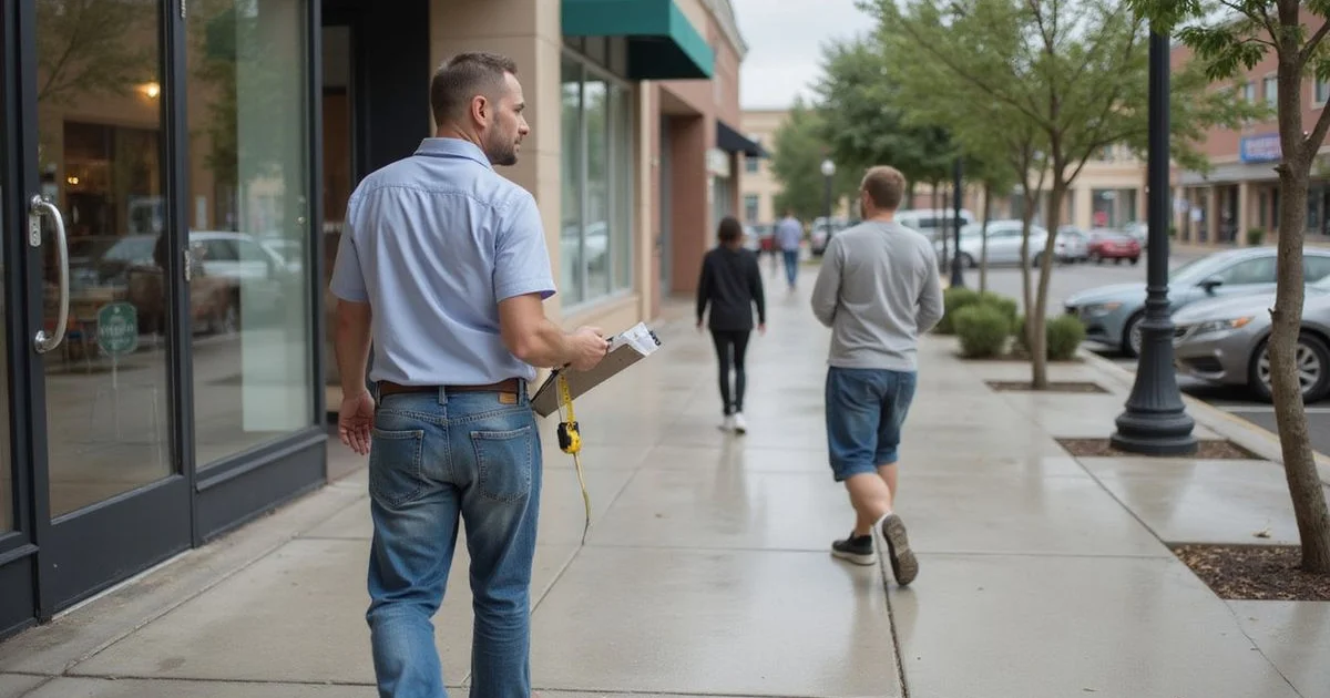 Property manager with clipboard inspecting a Metro Detroit retail sidewalk